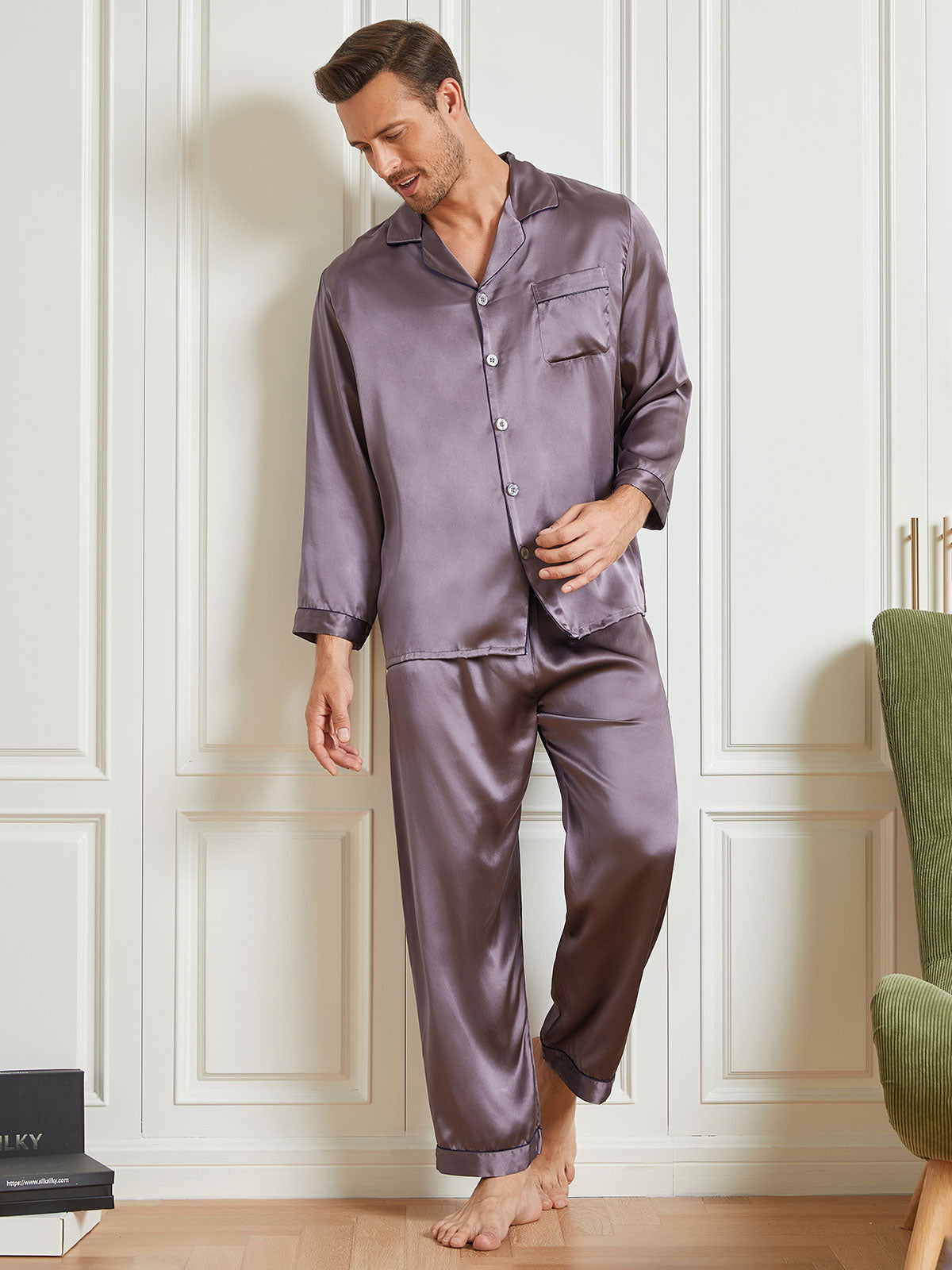 SilkSilky AU 19Momme Pure Silk Long Sleeve Lapel Men's Pyjamas Gray 004