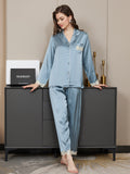 SilkSilky AU Pure Silk Long Sleeve Lapel Women's Pyjamas SteelBlue 004