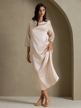 [Beige] SilkSilky-AU 3/4 Sleeve Round Neck Dress 005
