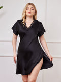 SilkSilky AU Pure Silk Short Sleeve V Neck Plus Size Nightdress Black 001