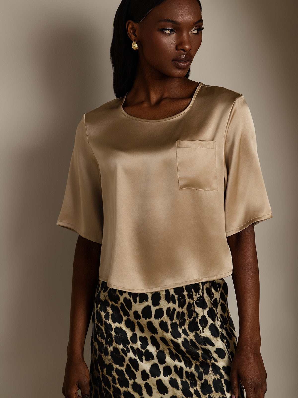 [Champagne] SilkSilky-AU Pure Silk Boat Neck Women's T-Shirt 004