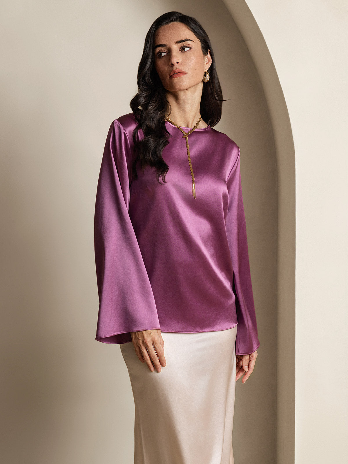 [Deep Purple] SilkSilky-AU 19Momme Silk Round Neck Women's T-Shirt 005