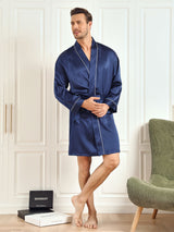 [Dark Blue] SilkSilky-AU Pure Silk 3/4 Sleeve Mens Robe 005