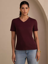 [Wine] SilkSilky-AU Short Sleeve V Neck Women's T-Shirt 003