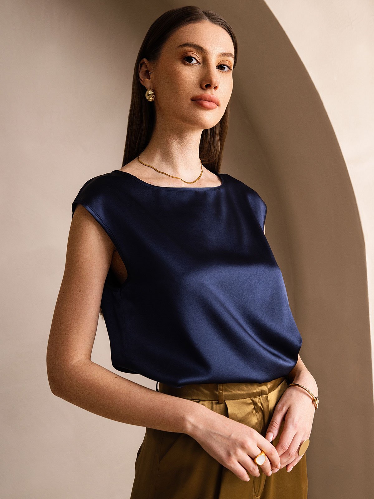 [Dark Blue] SilkSilky-AU 19Momme Silk Round Neck Women's T-Shirt 003
