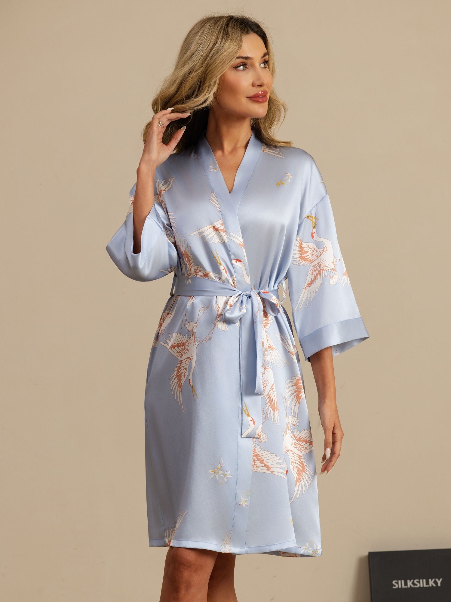 [Light Blue] SilkSilky-AU 19Momme 3/4 Sleeve Women's Dressing Gown 003