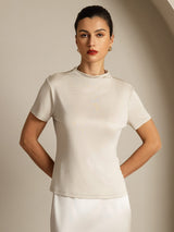 [Gray] SilkSilky-AU 100% Silk Jersey Short Sleeve Mock Neck Women's T-Shirt 001