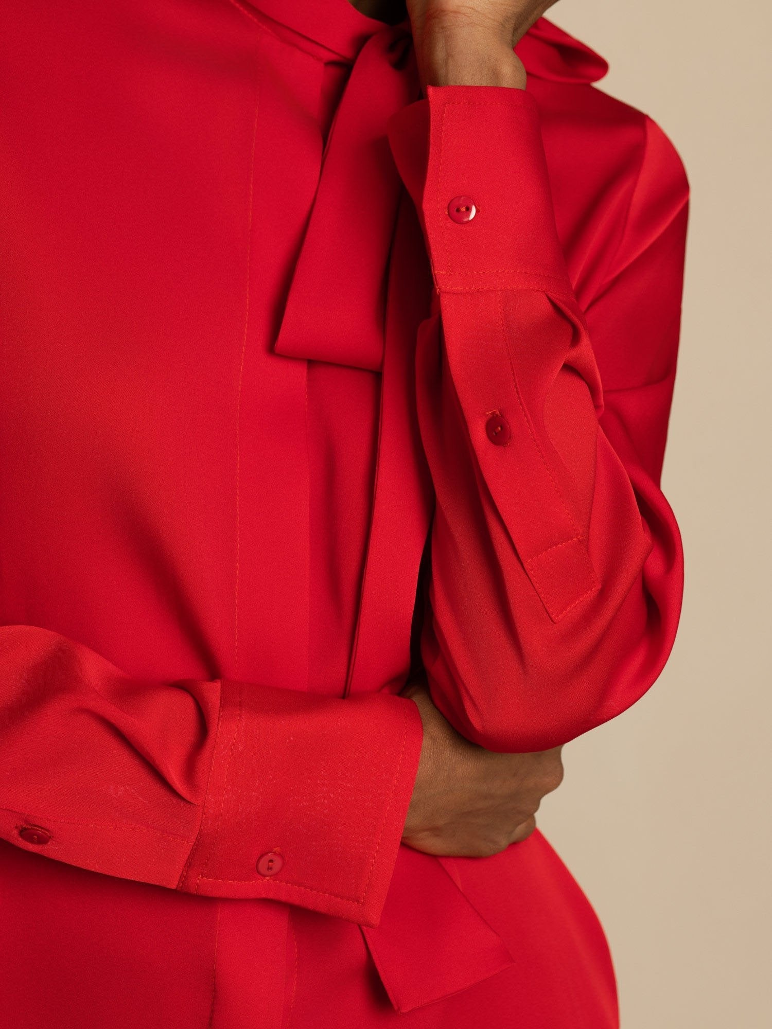 [Wine] SilkSilky-AU 19Momme Silk Long Sleeve Tie Neck Blouse 005