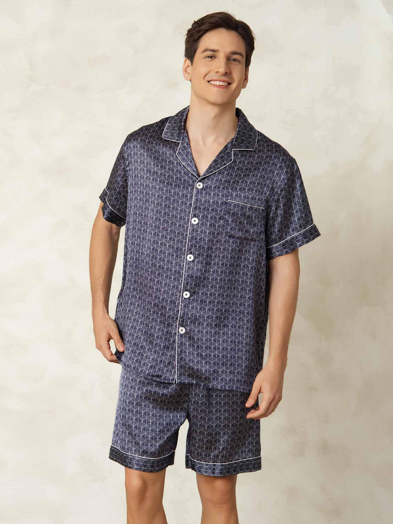 [NavyGinkgo] SilkSilky-AU Pure Silk Lapel Collar Men's Pyjamas 005