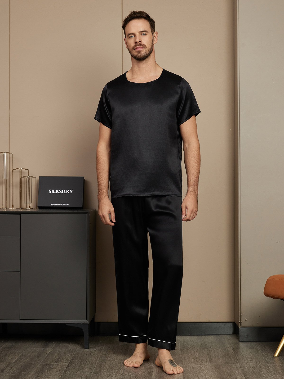 SilkSilky AU Pure Silk Short Sleeve Round Neck Men's Pyjamas Black 003