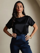 [Black] SilkSilky-AU 19Momme Stretch Silk Charmeuse Short Sleeve Boat Neck Women's T-Shirt 003