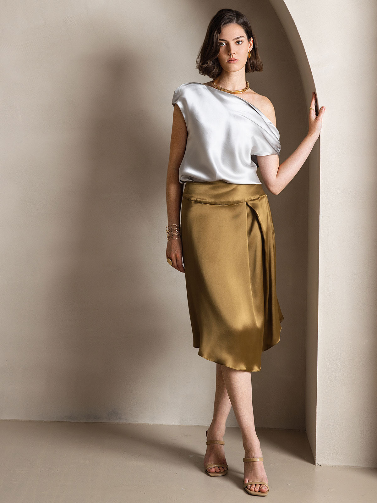 SilkSilky-AU 19Momme Silk Sleeveless One Shoulder Women's T-Shirt LightGray 005