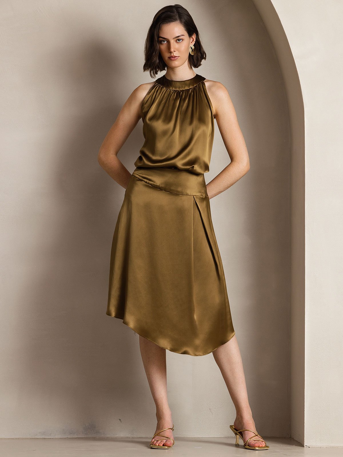 [Brown] SilkSilky-AU 19Momme Silk Sleeveless Halter Neck Women's T-Shirt 005