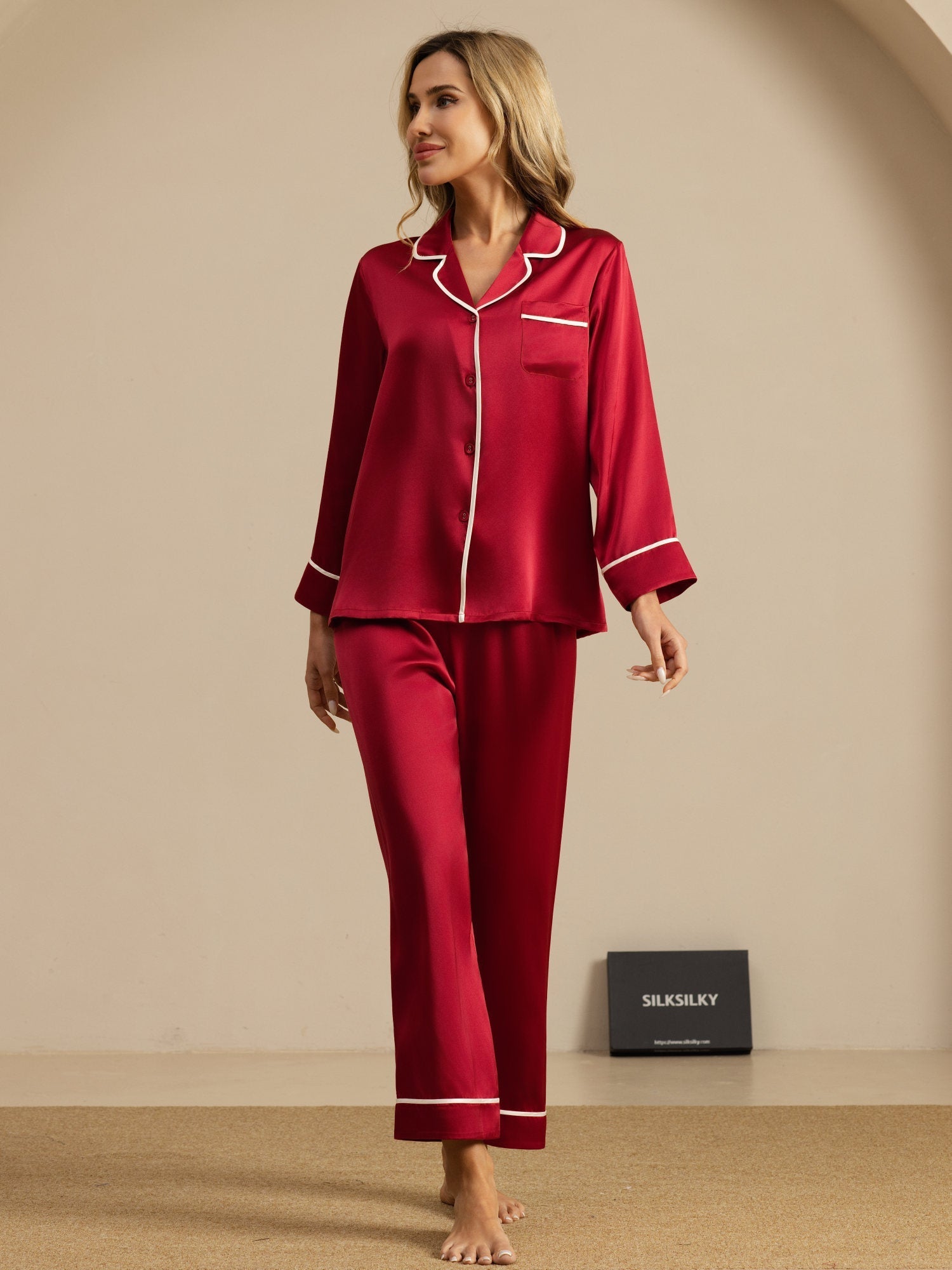 [Wine] SilkSilky-AU Pure Silk Long Sleeve Lapel Collar Women's Pyjamas 003
