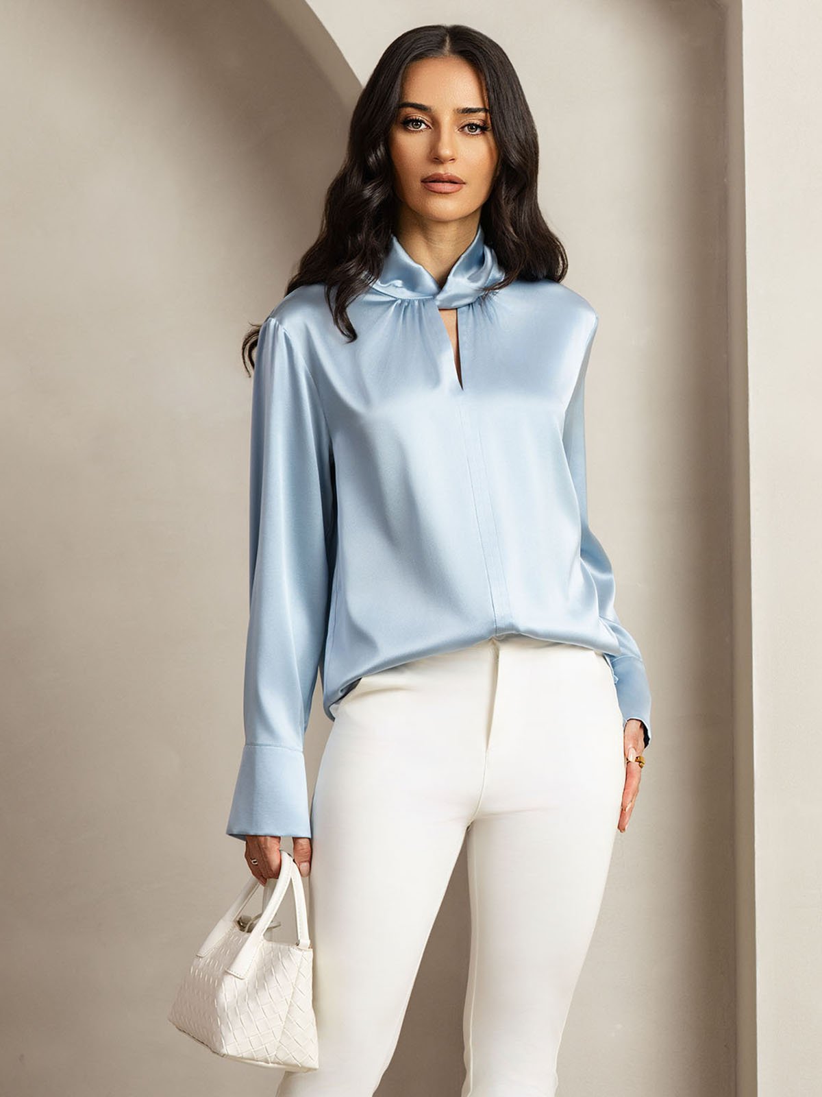 [GrayishBlue] SilkSilky-AU 19Momme Silk Keyhole Neck Women's Shirt 001