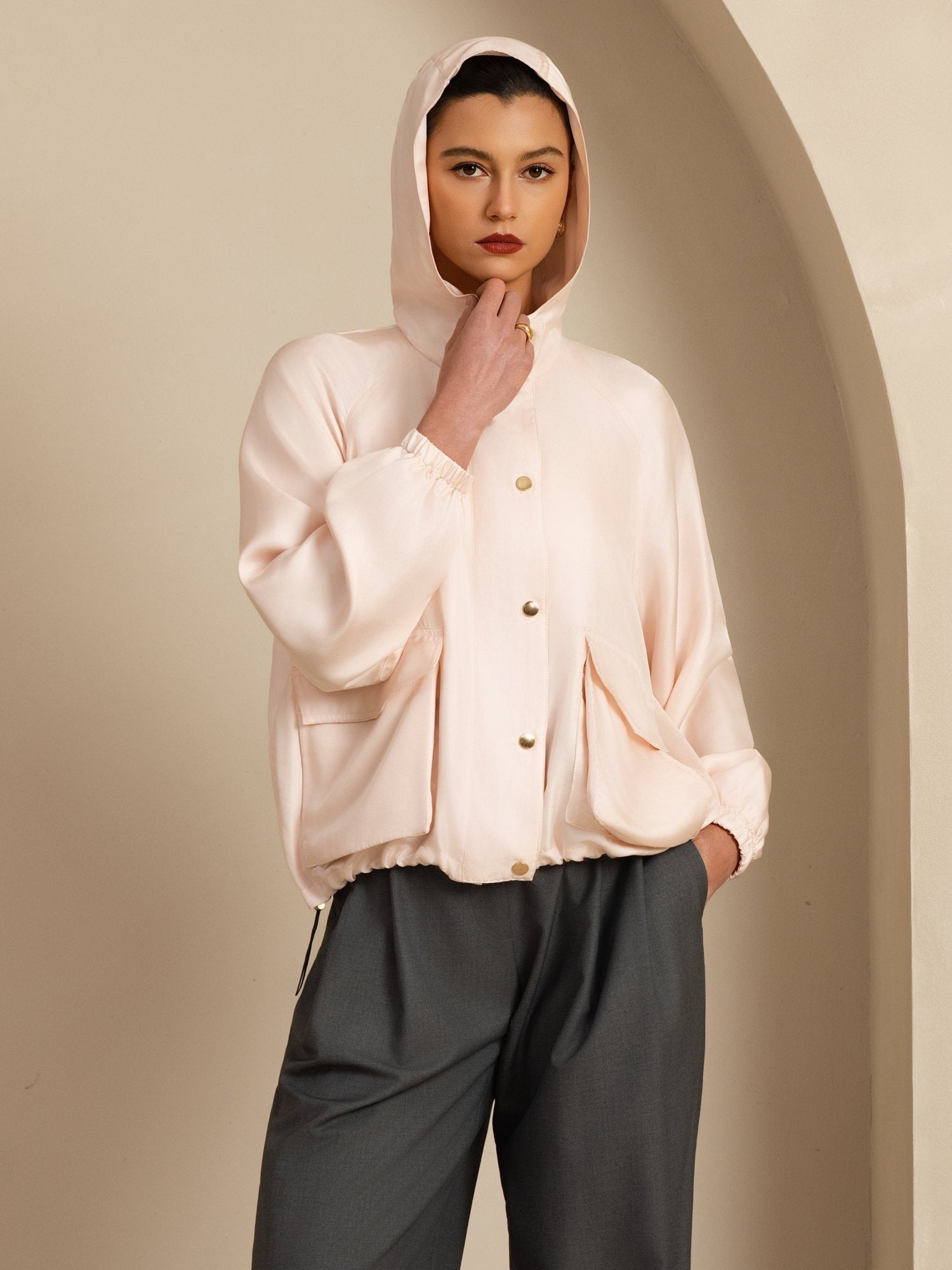 [Pink] SilkSilky-AU Silk Satin Surah Long Sleeve High Neck Women's Outerwear 005