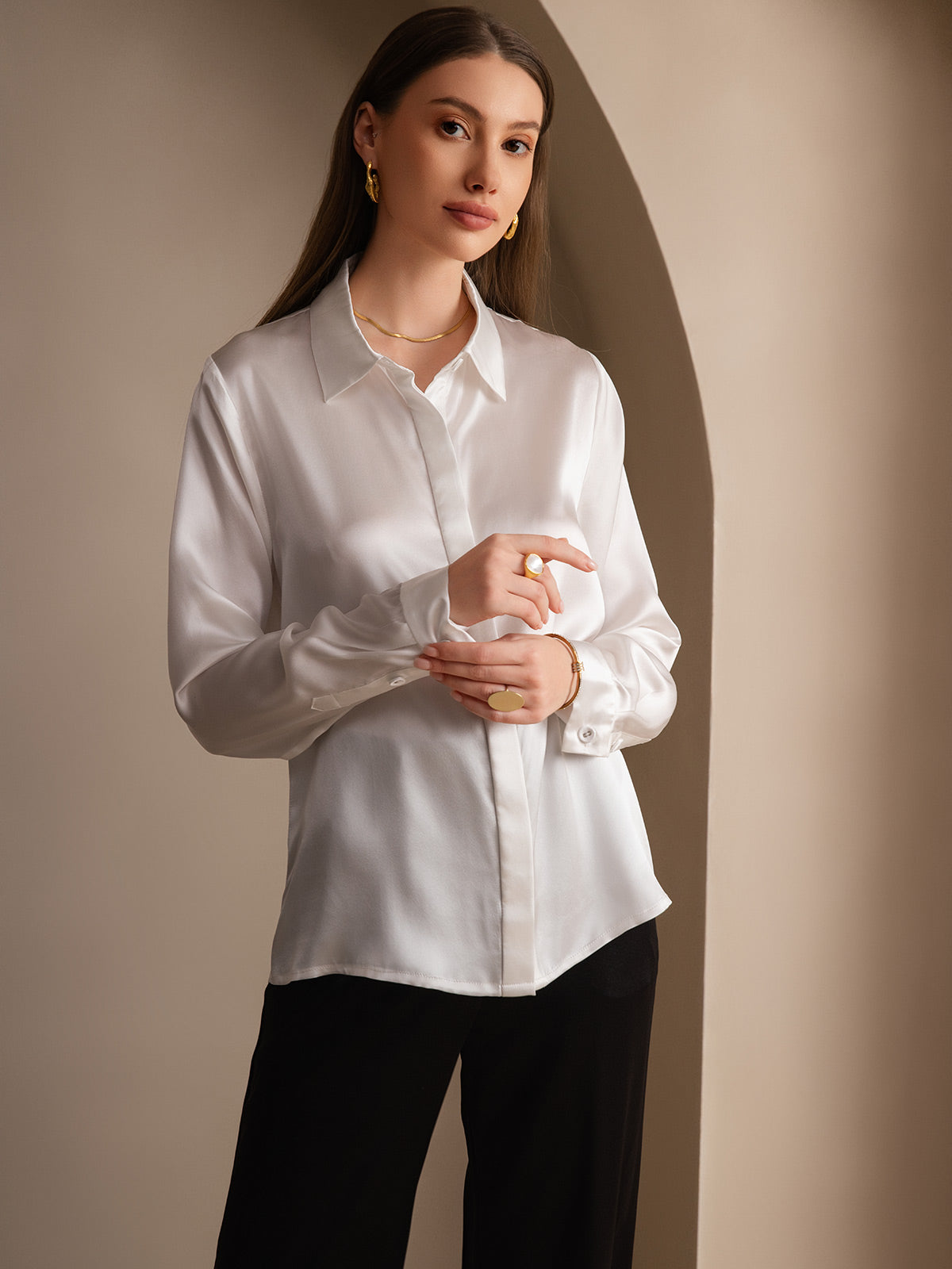 SilkSilky-AU 19Momme Silk Long Sleeve Collar Women's Shirt White 005