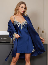 [Dark Blue] SilkSilky-AU 3/4 Sleeve V Neck Nightgown&Dressing Gown Set 004