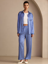 [Blue Pinstripe] SilkSilky-AU Long Sleeve Lapel Collar Women's Outfit Sets 007