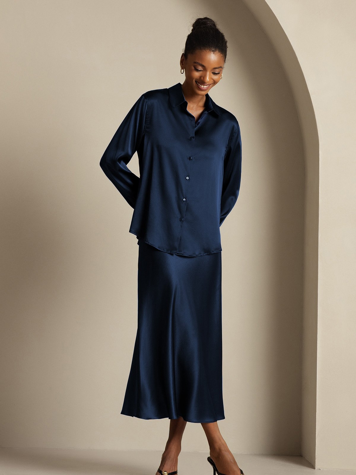 [Dark Blue] SilkSilky-AU 19Momme Silk Knitted Lapel Collar Women''s Outfit Sets 004,