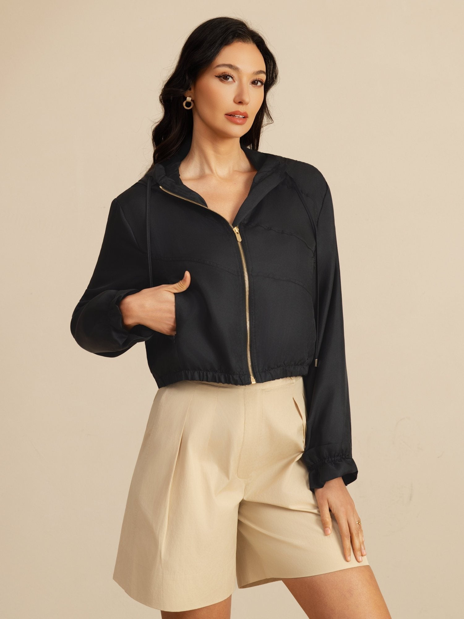 [Black] SilkSilky-AU 18Momme Silk Satin Surah Long Sleeve High Neck Women's Outerwear 004