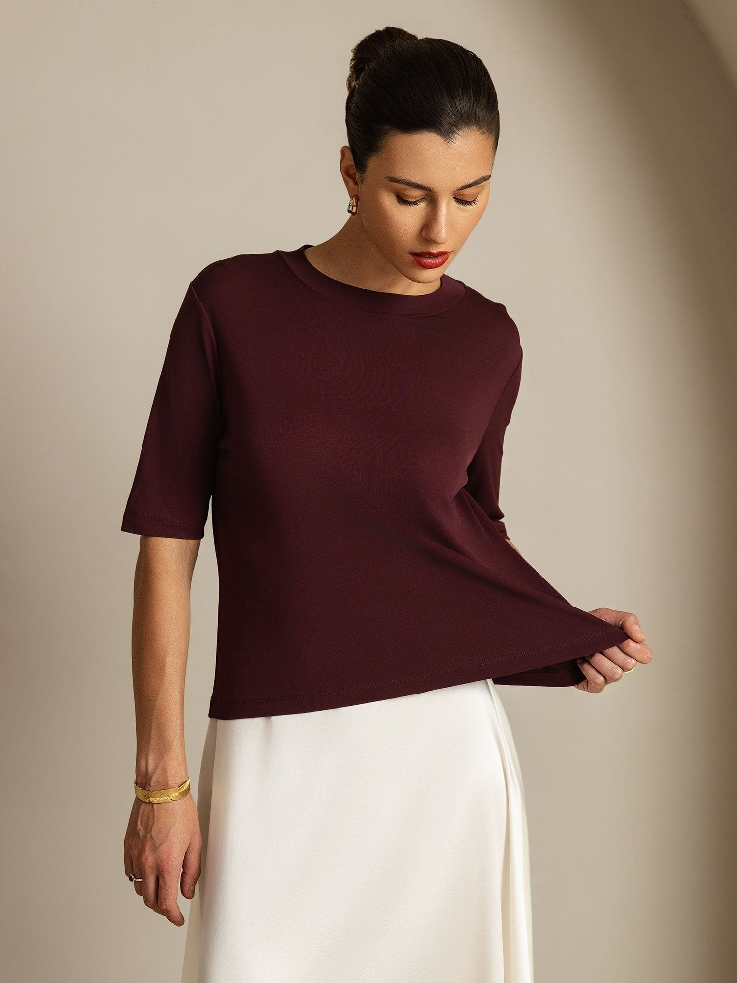 [Windsor Wine] SilkSilky-AU Pure Silk Round Neck Women's T-Shirt 005
