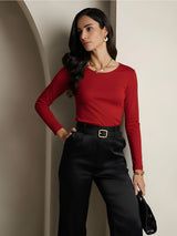 [Wine] SilkSilky-AU Silk Jersey Long Sleeve Round Neck Women's T-Shirt 001
