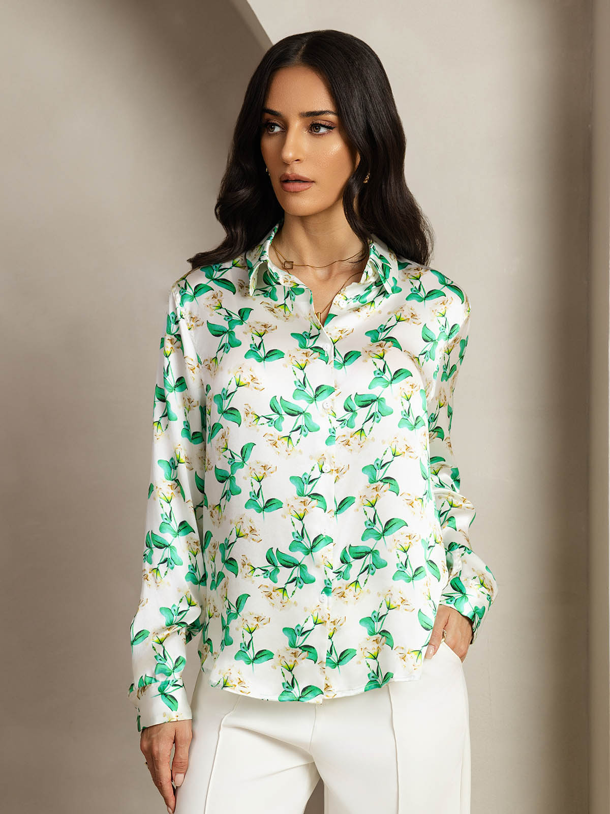 [Green Floral] SilkSilky-AU Silk Long Sleeve Lapel Collar Women's Shirt 005