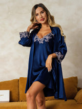 [Dark Blue] SilkSilky-AU 3/4 Sleeve V Neck Nightgown&Dressing Gown Set 001
