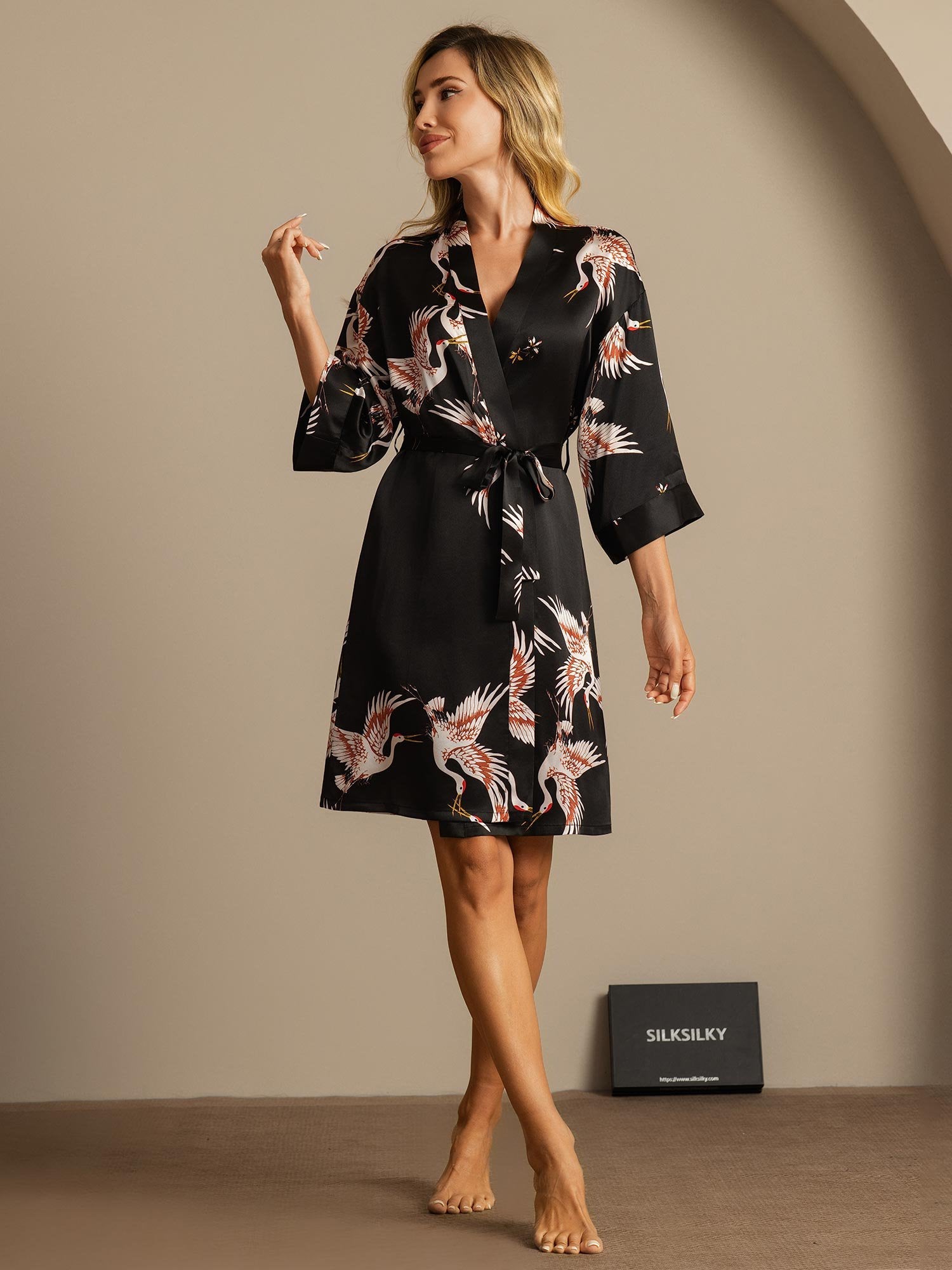 [Black] SilkSilky-AU 19Momme 3/4 Sleeve Women's Dressing Gown 005