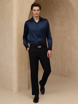 [Dark Blue] SilkSilky-AU 19Momme Stretch Silk Charmeuse Long Sleeve Lapel Collar Men's Shirt 007
