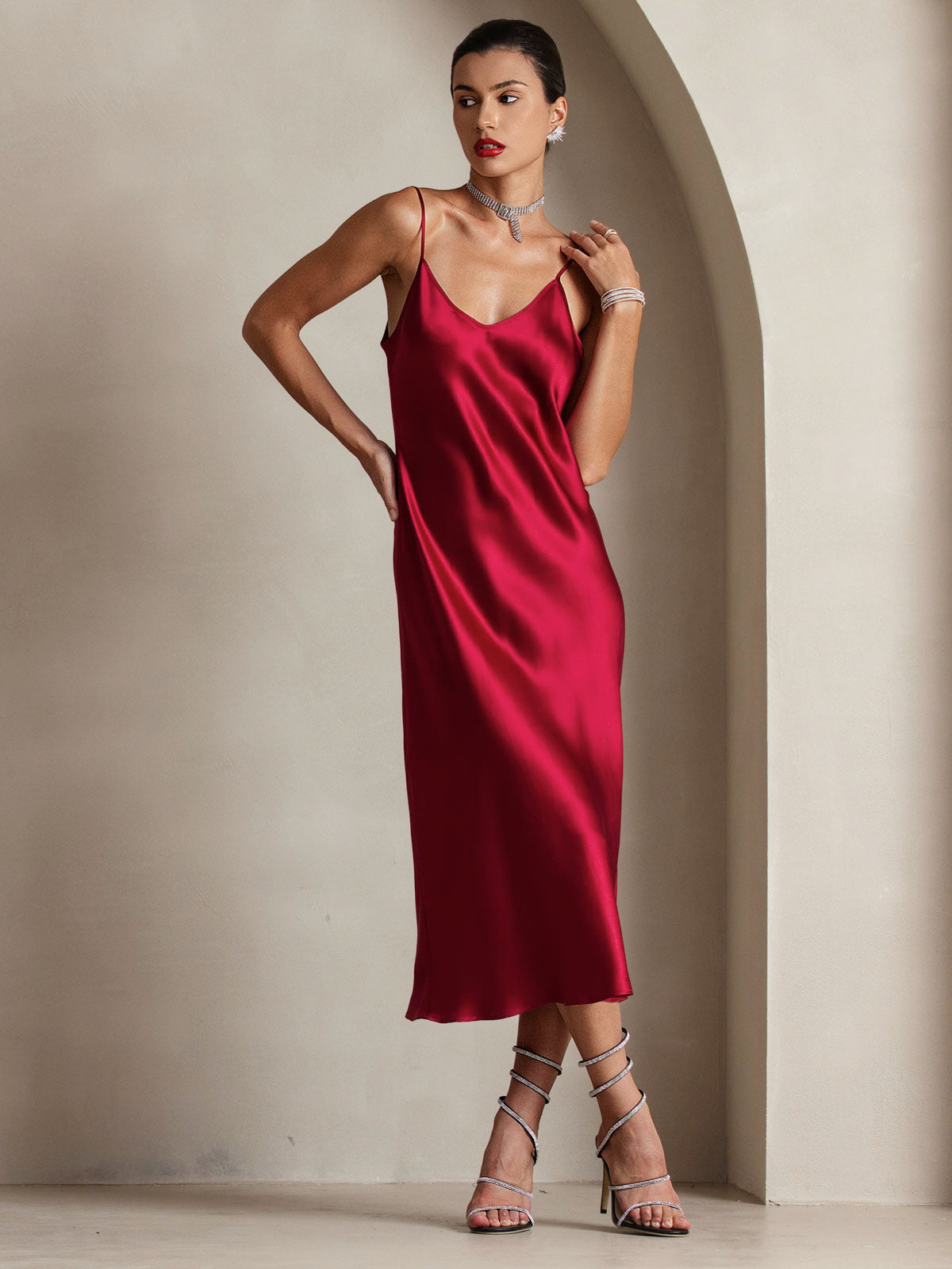 [Wine] SilkSilky-AU Spaghetti Strap V Neck Dress 003