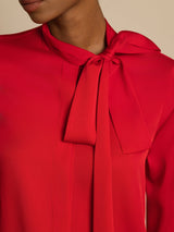 [Wine] SilkSilky-AU 19Momme Stretch Silk Charmeuse Long Sleeve Tie Neck Blouse 004