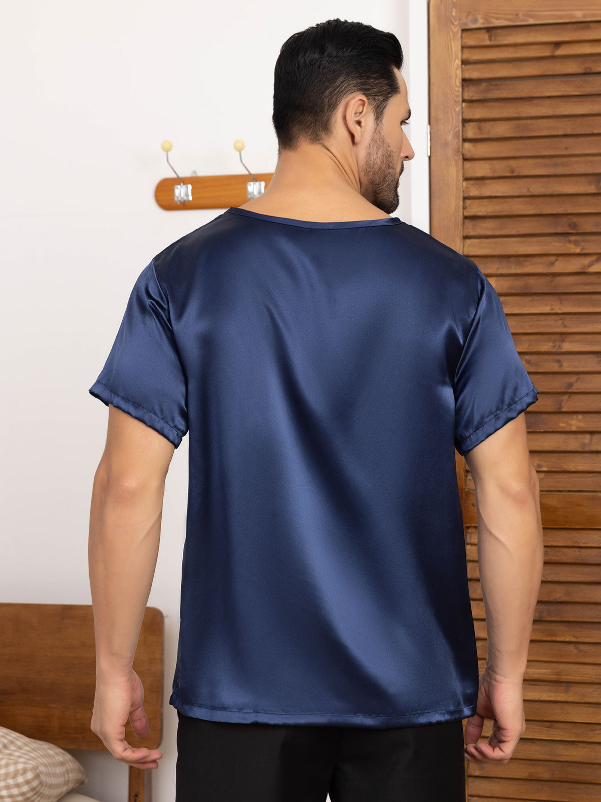 SilkSilky AU Pure Silk Short Sleeve Round Neck Men's T Shirt DarkBlue 002