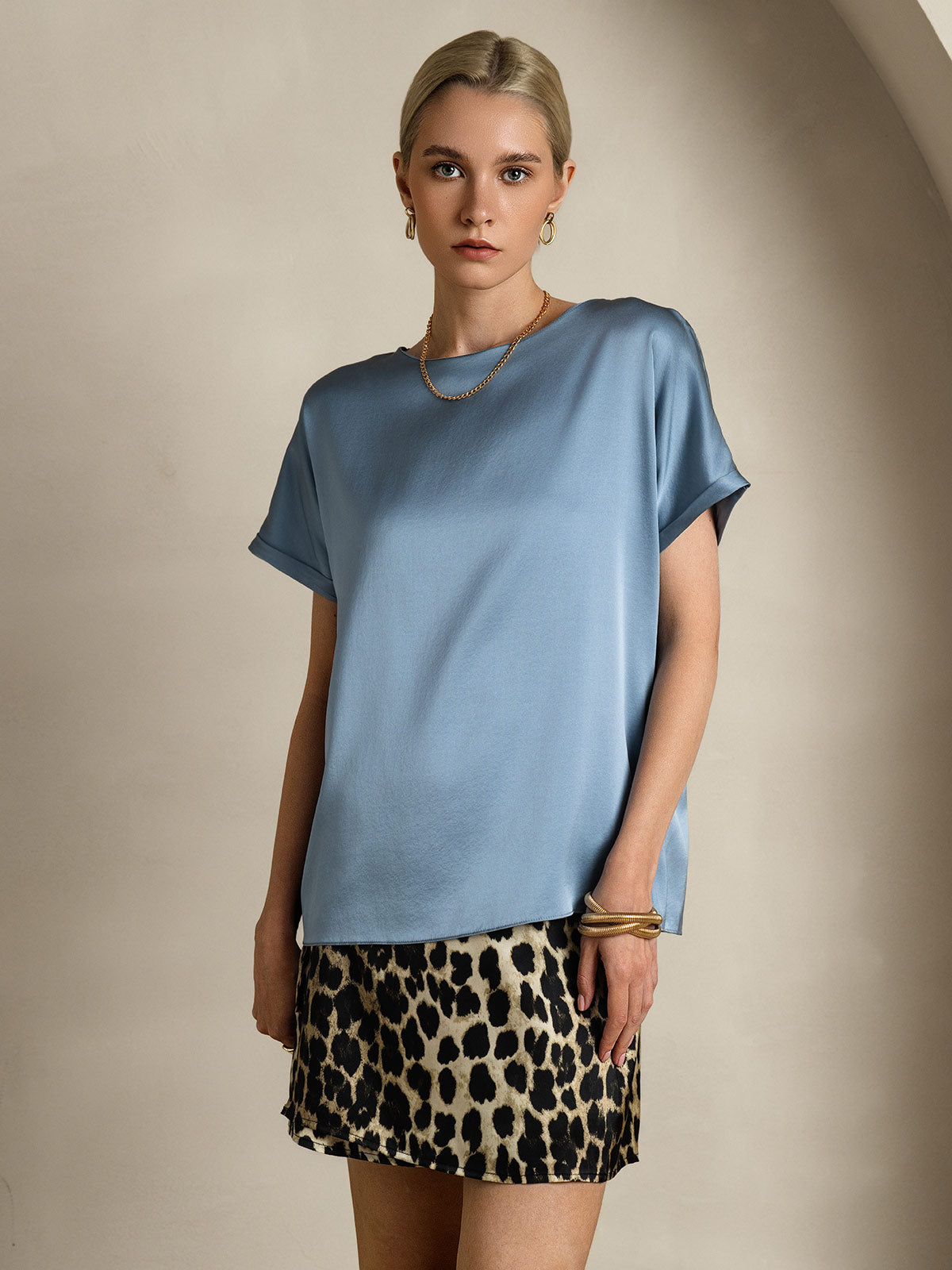 [Grayish Blue] SilkSilky-AU 19Momme Silk Round Neck Women's T-Shirt 003