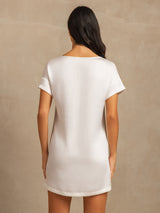 [White] SilkSilky-AU 19Momme Machine-Washable Silk Short Sleeve Round Neck Nightgown 002