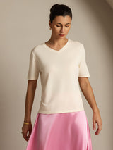 [Beige] SilkSilky-AU 100% High-Twist Silk Jersey Short Sleeve V Neck Women's T-Shirt 005