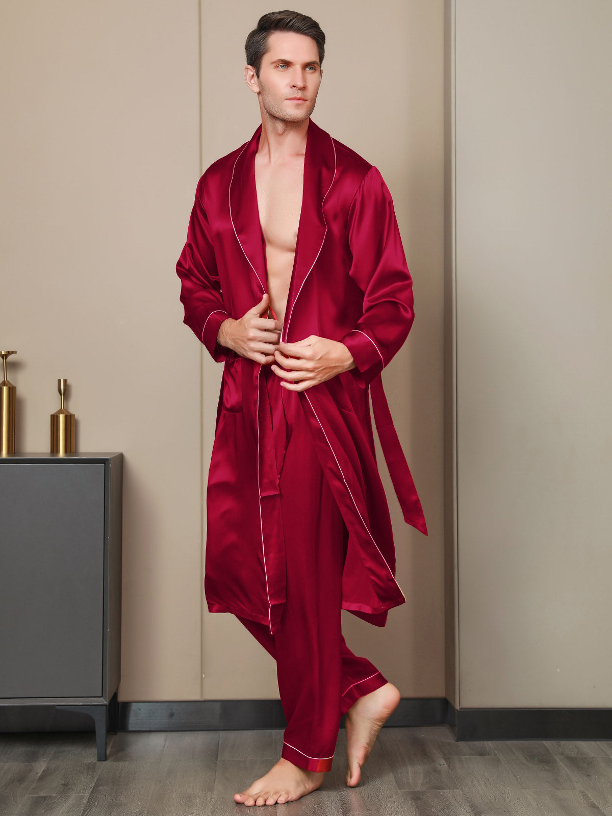 SilkSilky AU Pure Silk Long Sleeve Lapel Men's Dressing Gown Wine 001