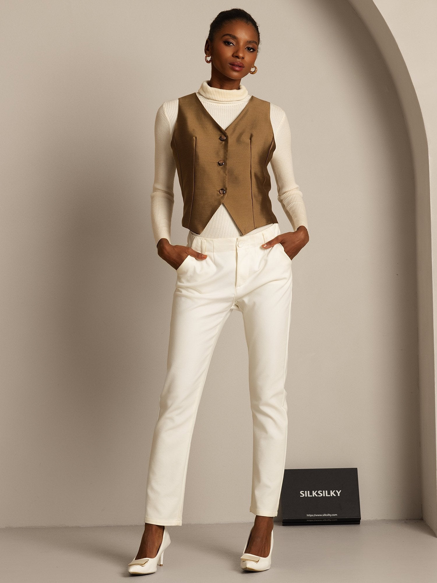 [Bronze] SilkSilky-AU 32Momme Wool V Neck Women's Vest 007,