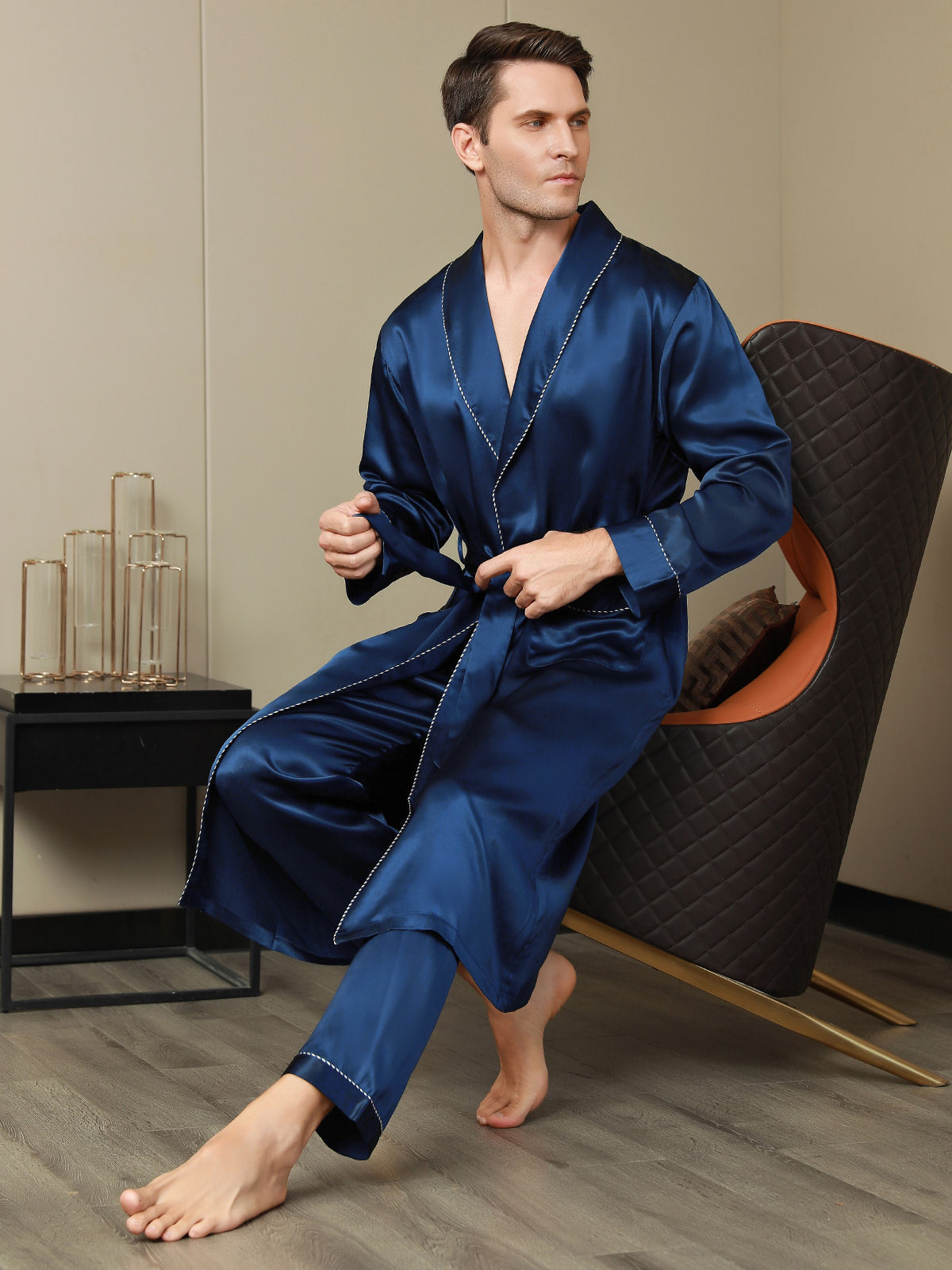 Pure Silk Contrast Piping Belted Robe (Without Pants) – AU-SILKSILKY