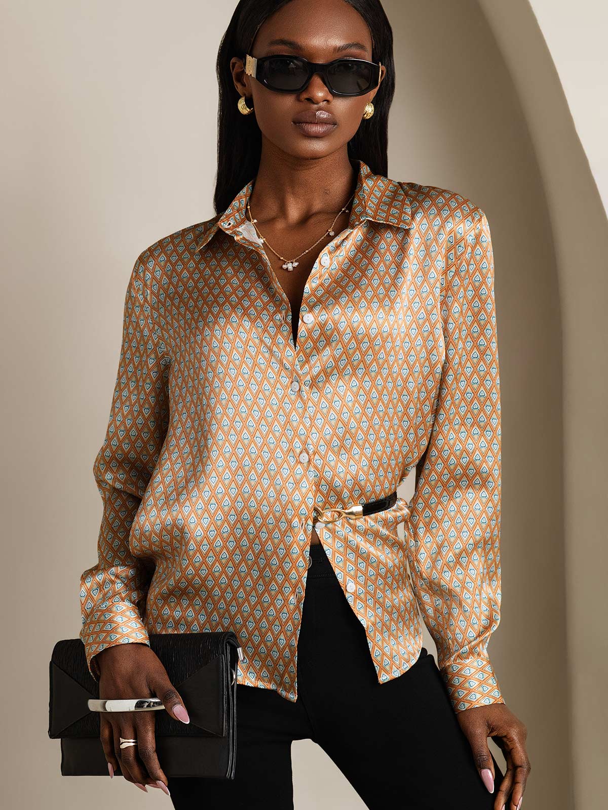 [Floral] SilkSilky-AU Silk Long Sleeve Lapel Collar Women's Shirt 003