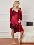 SilkSilky AU Pure Silk 3/4 Sleeve Nightgown&Robe Set DarkRed 004