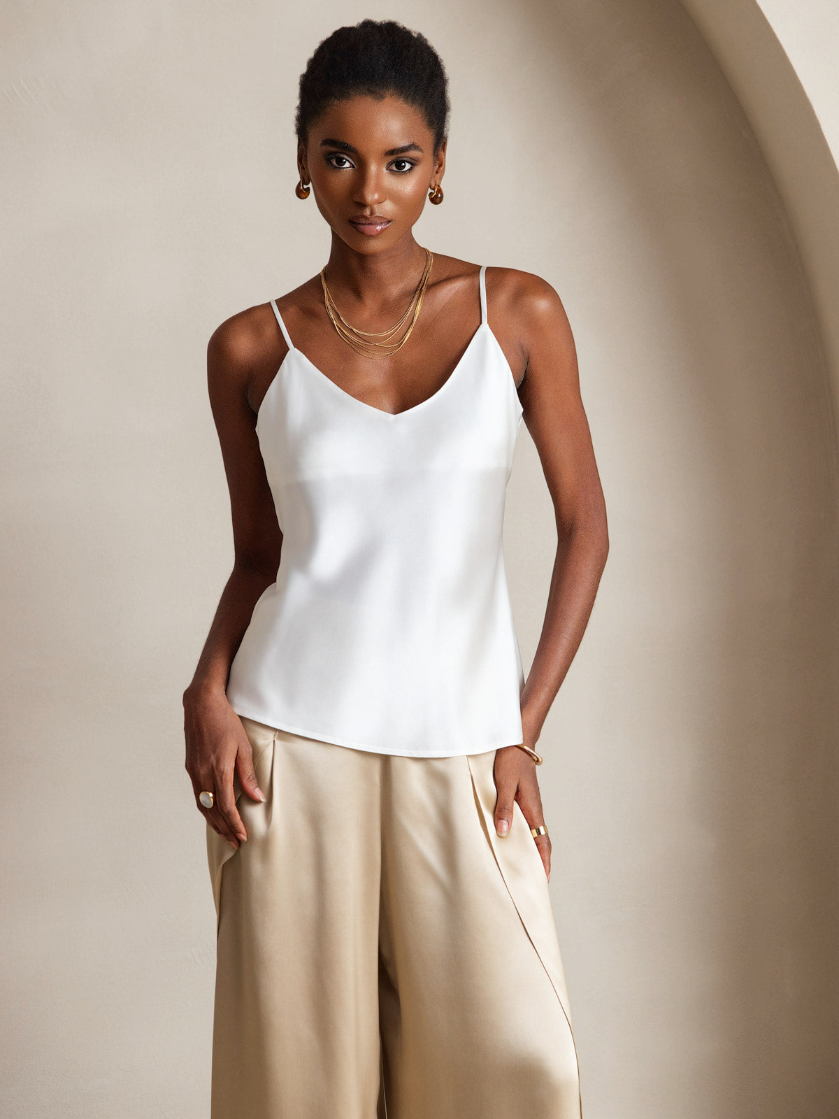 [White] SilkSilky-AU Pure Silk V Neck Camisole 001