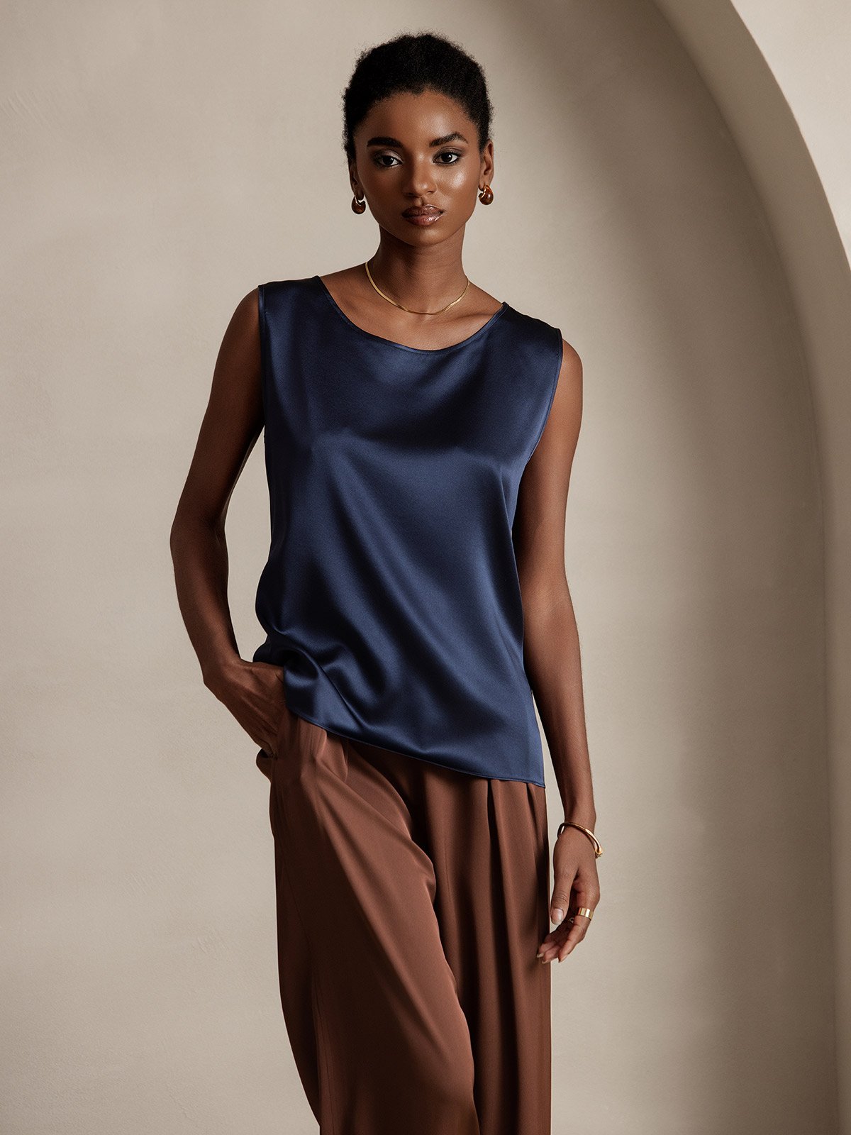 [Dark Blue] SilkSilky-AU 19Momme Stretch Silk Charmeuse Sleeveless Round Neck Camisole 001