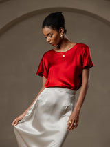 [Wine] SilkSilky-AU 19Momme Stretch Silk Charmeuse Short Sleeve Boat Neck Women's T-Shirt 005