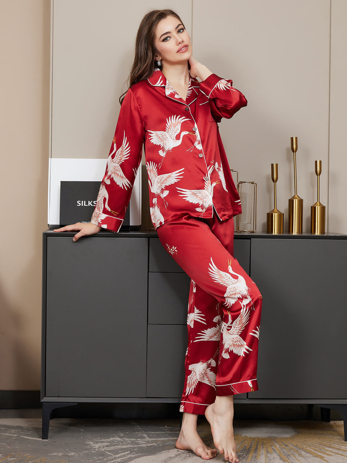 SilkSilky AU 19Momme Pure Silk Long Sleeve Lapel Women's Pyjamas DarkRed 002