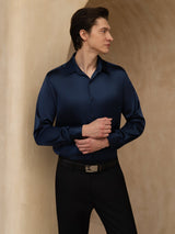 [Dark Blue] SilkSilky-AU 19Momme Stretch Silk Charmeuse Long Sleeve Lapel Collar Men's Shirt 004