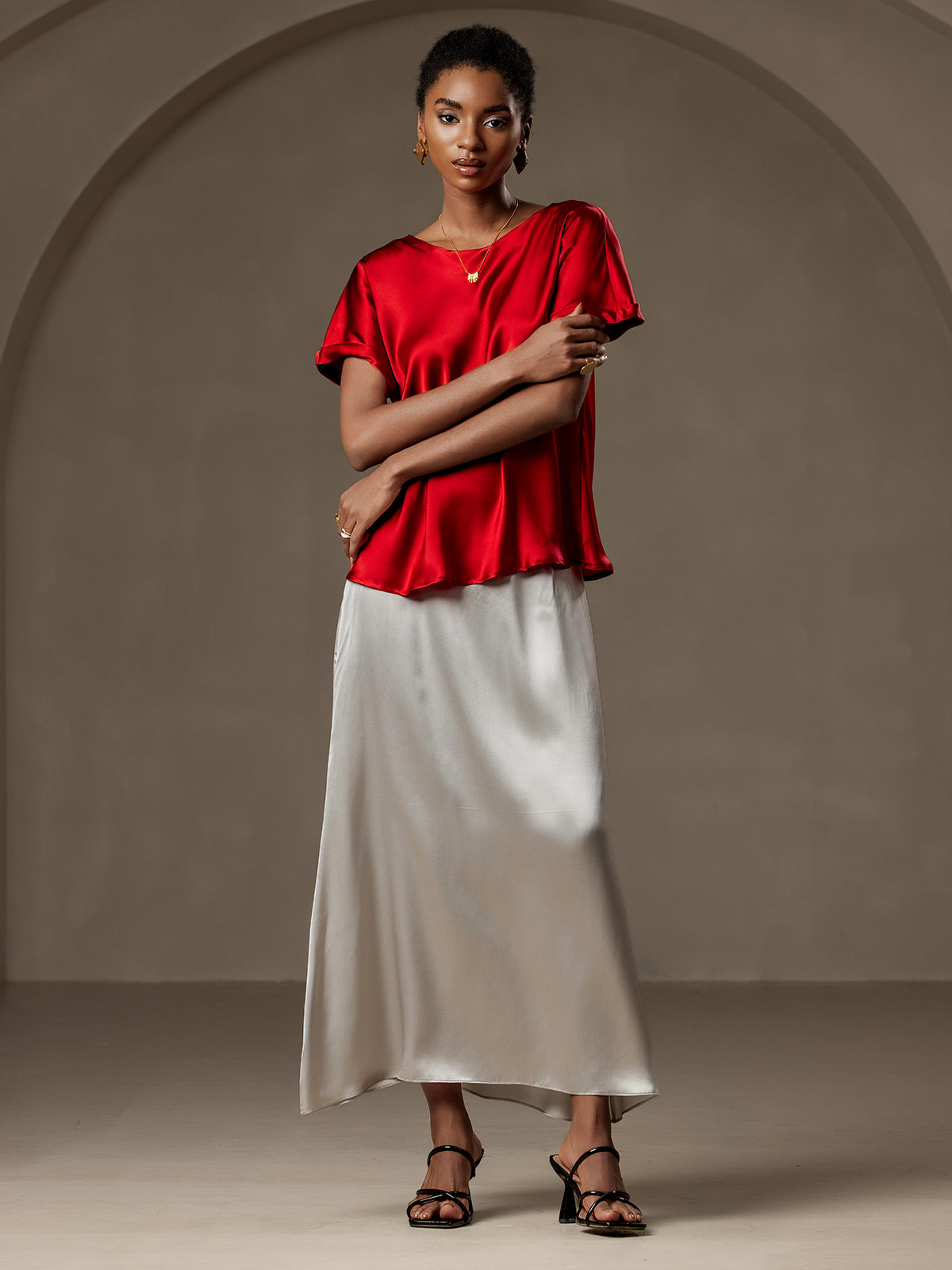 [Wine] SilkSilky-AU 19Momme Silk Short Sleeve Round Neck Women's T-Shirt 007