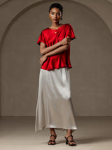 [Wine] SilkSilky-AU 19Momme Stretch Silk Charmeuse Short Sleeve Boat Neck Women's T-Shirt 007
