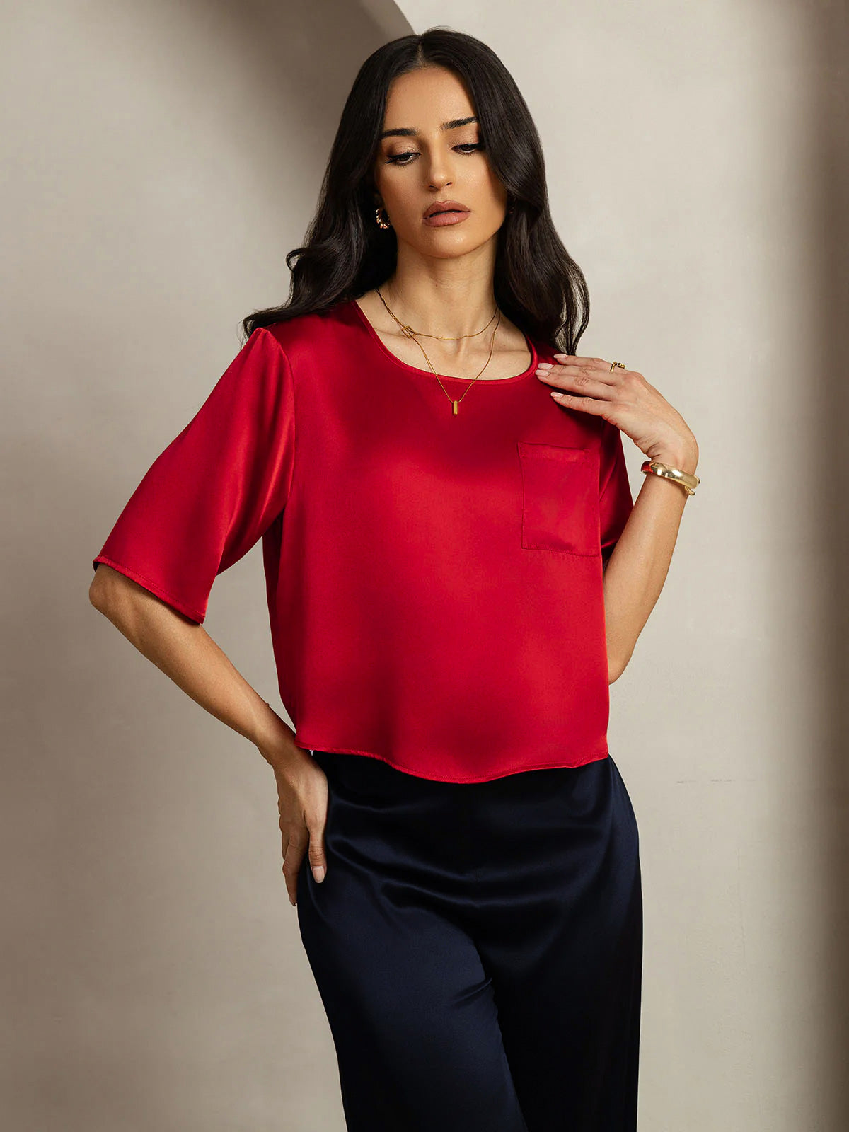 [Dark Red] SilkSilky-AU Pure Silk Boat Neck Women's T-Shirt 005